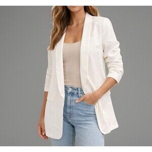 SHEIN White Blazer Womens XL 3/4 Sleeve Ruched Open Front Work Office Chic